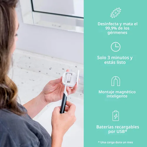 Vista 3 de Bril Desinfectante para cepillos de dientes UV-C, limpiador portátil, funda de viaje, soporte magnético y estuche recargable para cepillos de Blanco