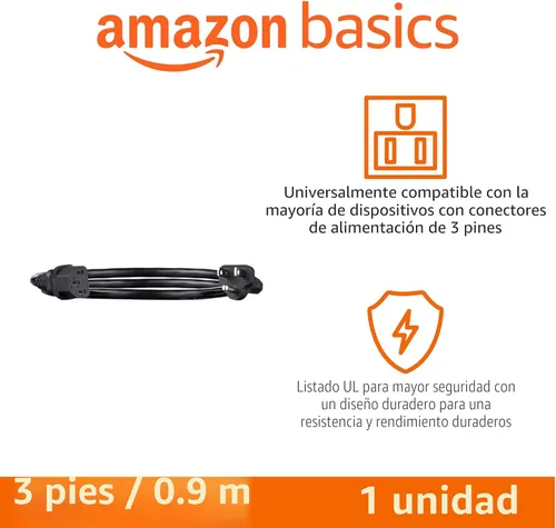 Vista 2 de Yaxa Basics Cable de alimentación para PC, 3 pies, Cable de alimentación CA para monitor, computadora, TV, 3 clavijas, 18 AWG, 125 voltios, negro
