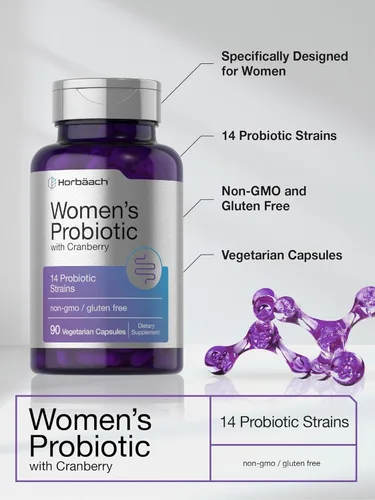 Vista 4 de Horbäach Probiótico para mujeres con arándano 90 cápsulas vegetarianas Suplemento dietético con 14 cepas probióticas Suplemento sin OMG, sin