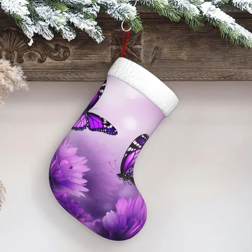 Christmas Stockings Personalized Christmas Decorations 18" Purple Flower Butterflies Stockings for Christmas Classic Soft Plush Xmas Hanging