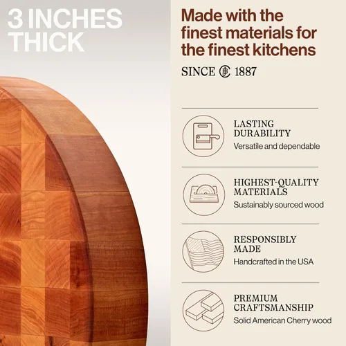 Vista 3 de John Boos CCB Series Tabla de cortar redonda de madera de cerezo de 18 x 18 pulgadas, 3 pulgadas de grosor, bloque de carnicero reversible de 20