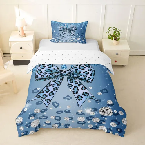 Vista 9 de Feelyou Coquette Bow Bedding Set Twin Size Leopared Bows Comforter Cover for Kids Teens Adults Glitter Diamond Blue Duvet Cover Cute Bowknot Room