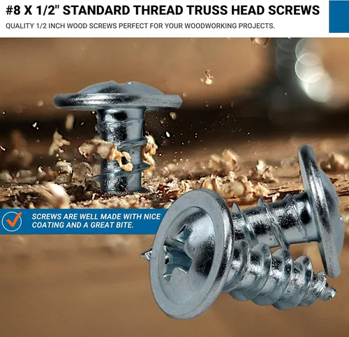 Vista 3 de Rok - Paquete de 100, tornillo de cabeza estándar, rosca Truss, número 8 x 1/2 pulgada, para trabajo en madera, MDF zinc