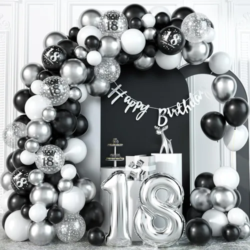 Vista 11 de Decoraciones de Cumpleaños 18 para Niños Globos Negros y Dorados Kit de Arco de Guirnalda con Número 18 Globo de Confeti de Papel de Aluminio