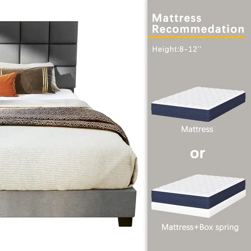 Vista 6 de Fluest Base de cama tamaño King tapizada con cabecero ajustable de tela de lino, cabecera capitoné de tela de lino, soporte de listones de madera