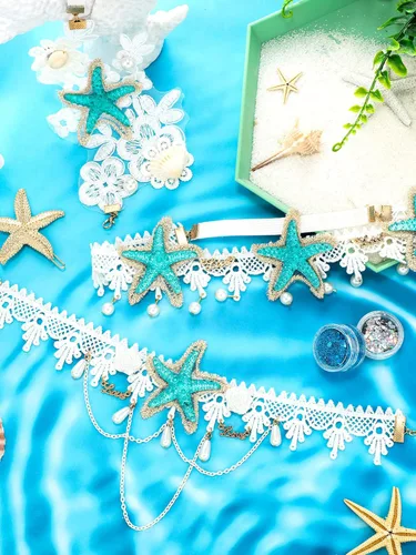 Vista 3 de Dingion 6 accesorios para el cabello de sirena, diadema de concha de estrella de mar, collar de estrella de mar, pulsera de brazo de sirena, clip