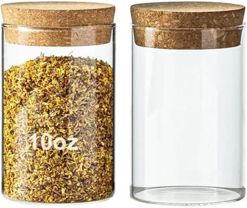 Recipiente de almacenamiento de vidrio de 10 onzas – Tarros de vidrio herméticos con tapa de corcho, tarros de especias, tarro de caramelo, tarros