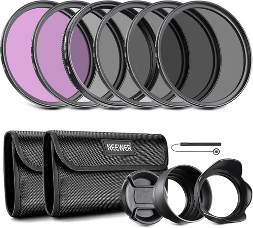 NEEWER Kit de filtro de lente de 1.457 in: UV, CPL, FLD, ND2, ND4, ND8, parasol y tapa de lente compatible con cámaras réflex digitales Canon Nikon