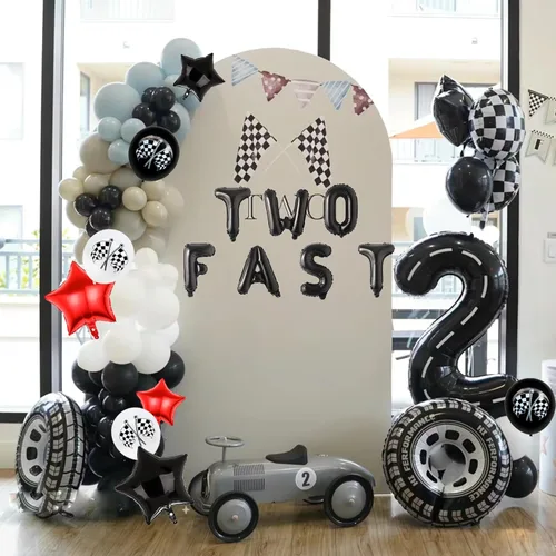Vista 7 de Globos de fiesta de segundo cumpleaños de auto de carreras, dos globos de letras rápidas de 40 pulgadas, globo de número 2 negro para decoración