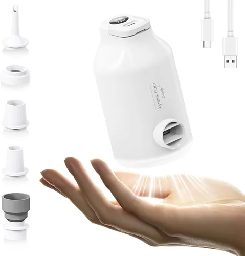 Bomba de aire portátil con batería para inflables, 5 boquillas, velocidad del viento de 350 l/min y luz de campamento, inflado rápido y desinflado,