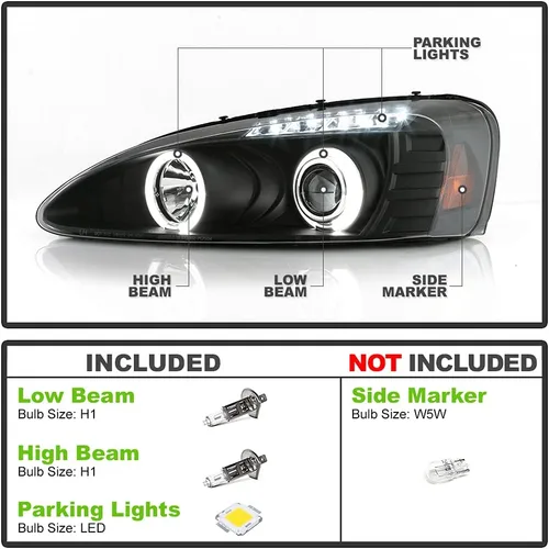 Vista 2 de AKKON - Para faros delanteros Pontiac Grand Prix 2004-2008 con doble anillo LED negro - Juego de pares