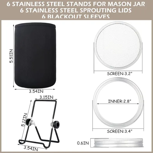 Vista 2 de Paquete de 6 tapas para brotes con soportes de acero inoxidable, fundas opacas, kit para tarros Mason de boca ancha, brotes orgánicos