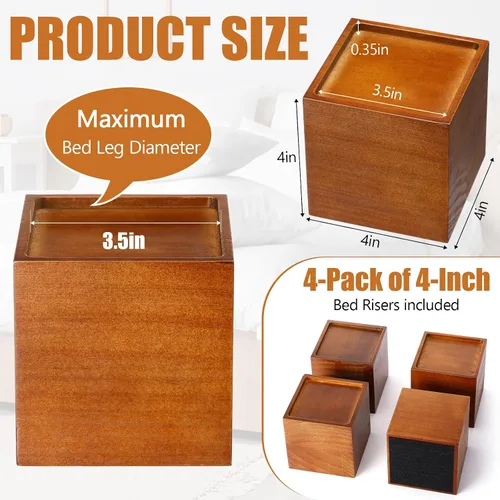 Vista 3 de Juego de 4 elevadores de muebles de cama de madera maciza de 4 pulgadas, elevadores de sofá cuadrados negros resistentes, bloques de madera marrón