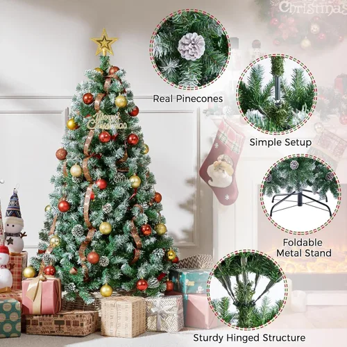 Vista 4 de CuisinSmart Árbol de Navidad artificial preiluminado con nieve, 7.5 pies, luces transparentes, sugerencias completas de PVC, conos de pino, montaje