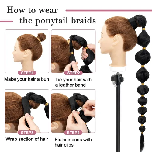 Vista 5 de Benehair Extensión de cola de caballo larga de burbujas para mujer, cola de caballo afro negra, trenzada, con banda para el cabello, extensiones