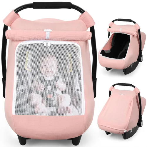 Vista 10 de Rquite Funda de asiento de automóvil para bebé, fundas de asiento de automóvil para niña y niño, muselina de algodón transpirable, ventana de malla