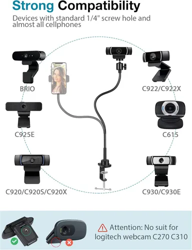Vista 2 de InnoGear Soporte para cámara web con soporte para teléfono, soporte de brazo de cámara de escritorio, cuello de cisne para Logitech Webcam BRIO 4K