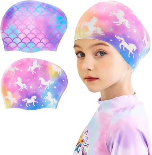 Paquete de 2 gorros de natación impermeables de silicona para niños y niñas (3-8 años), diseño de sirena de unicornio, gorro de natación para niños