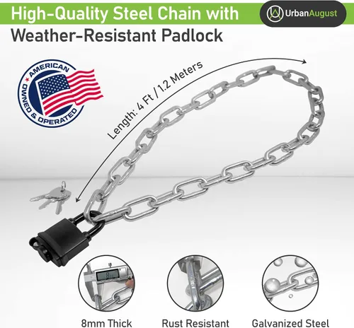 Vista 2 de Urban August Security Chain Hardened 8mm Thick with a Weather-Resistant Pad Lock - Stainless Steel Heavy Duty Chain Lock for Gate Bike Generator