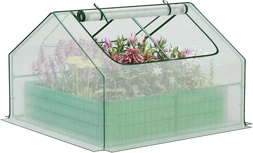 Aoodor Kit de invernadero elevado de 4 x 4 x 1 pies, cama de metal elevada con 2 puertas enrollables con cremallera, para verduras, hierbas y flores