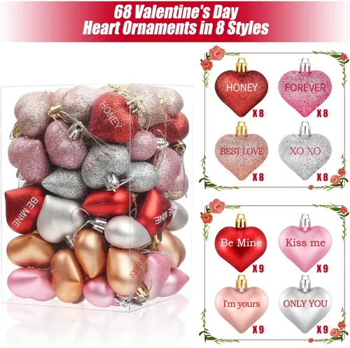 Vista 3 de Shynek 68 adornos de corazón para el día de San Valentín para árbol, bolas de corazón de San Valentín con palabras de amor dulces para decoraciones