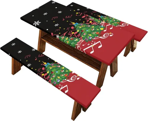 Vista 36 de Juego de 3 calcetines de árbol de Navidad de dibujos animados y galletas, funda de mesa de picnic ajustable con funda de banco, manteles Calcetines