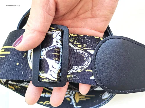 Vista 4 de Correas de guitarra clásica profesional de 2 pulgadas Cool Skull Impreso Polyster Soft Electric Bass Strap (amarillo), Amarillo