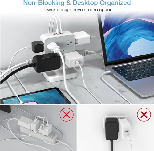 Vista 5 de Tessan Enchufe múltiple torre para sobretensión, 900 J, cable plano, 5 ft, 8 tomacorrientes CA, 3 USB (1 puerto USB C), estación carga de escritorio