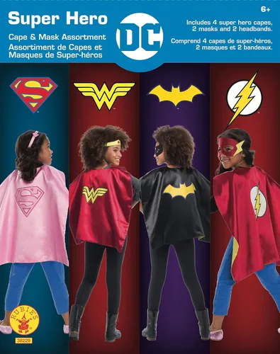 Vista 2 de Rubie's Juego de capas de superhéroes con licencia oficial de DC Comics, surtido de 4 capas, 2 máscaras y 2 diademas, talla única