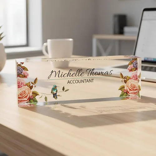 Vista 24 de Artblox - Placa de nombre personalizada para escritorio con soporte para tarjetas de presentación en cristal acrílico transparente, diseño de flores