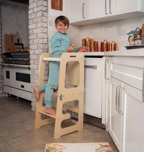 Vista 3 de Avenlur Date - Taburete plegable 4 en 1 para niños pequeños con pizarra, escritorio y silla, taburete de cocina estilo Montessori y Waldorf