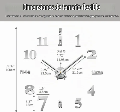 Vista 5 de Mintime Reloj de pared moderno sin marco, grande, 3D, números de espejo para decoración de oficina en casa