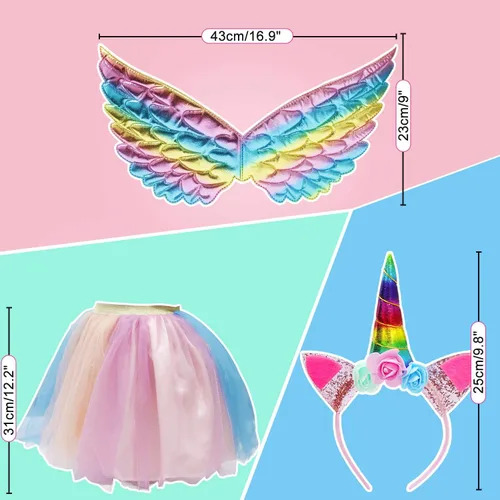 Vista 6 de Falda tutú para niña vestido de tutú arcoíris de tul con diadema de unicornio alas de hada de mariposa