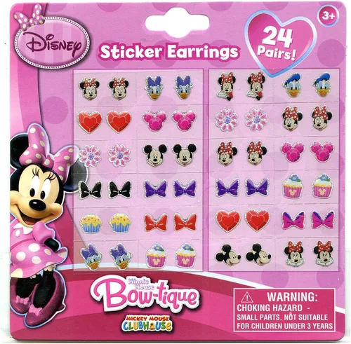 Pendientes adhesivos Disney Junior Minnie Mouse Bowtique, 24 pares para niñas que se disfrazan