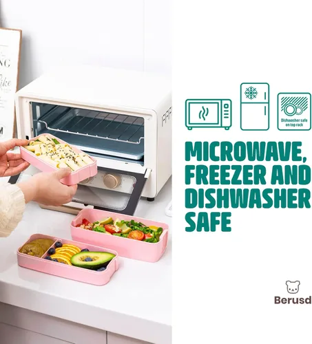Vista 3 de Berusd Bento Box - Juego de 3 recipientes apilables a prueba de fugas, kit de accesorios, sin BPA, microondas, congelador, lavavajillas