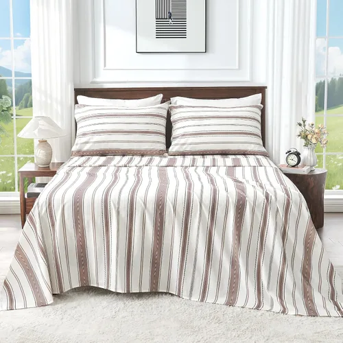 Juego de sábanas de lino 100 % tamaño Queen, transpirables y duraderas, juego de sábanas de lino a rayas de 4 piezas, ropa de cama suave para todas