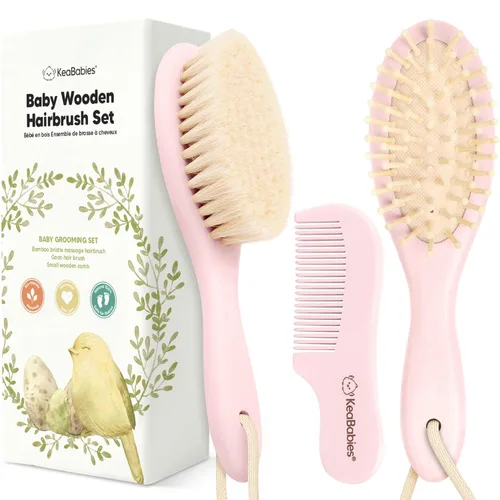 Juego de cepillo y peine para cabello de bebé para recién nacidos - Juego de cepillos de madera para cabello de bebé con cerdas suaves de cabra,