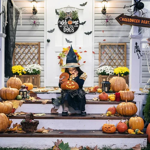 Vista 4 de Letrero de Bienvenida de Madera Intercambiable de Temporada, Letrero Redondo Rústico de Perros, Coronas para Puerta Delantera para Decoración