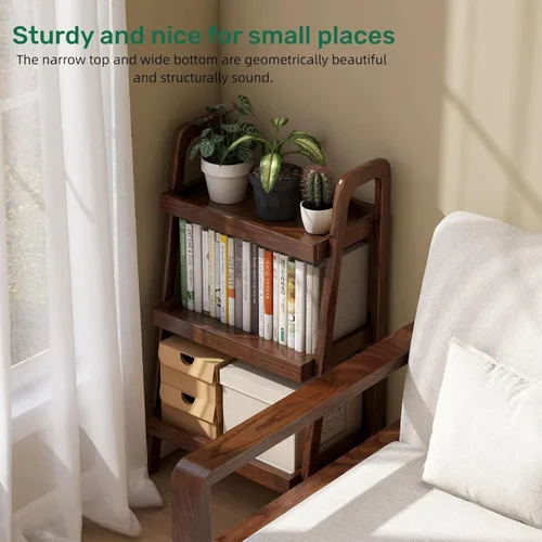 Vista 12 de Estante de escalera de 3 niveles de roble macizo 100% para ahorrar espacio, estantería pequeña con marco estable, estantes de escalera