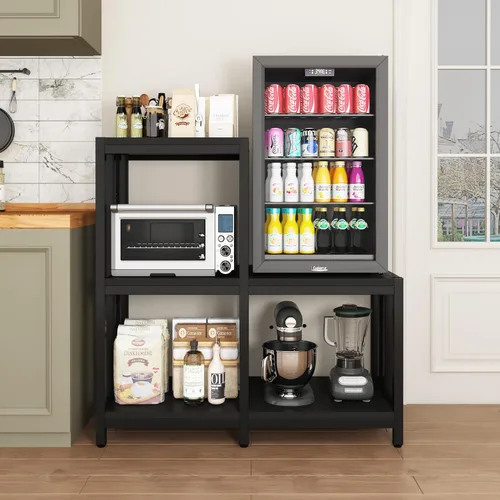 Vista 6 de Mini soporte para refrigerador con almacenamiento, gabinete negro para barra de café con espacio para mini refrigerador, soporte para microondas