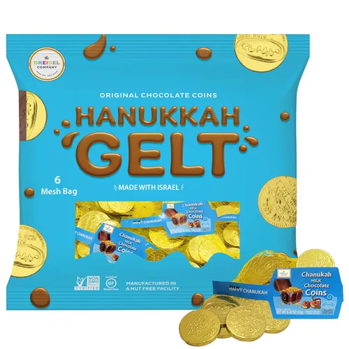 Vista 2 de Hanukkah Chocolate Gelt - Monedas de chocolate con leche, 1 caja con 72 monedas, OU-D Kosher Cholov Yisroel Chanukah Gelt.