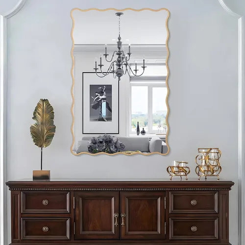 Vista 4 de Espejo ondulado de baño de 24 x 36 pulgadas, espejo festoneado rectangular para decoración de pared, tocador de baño, dormitorio, sala de estar