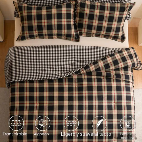 Vista 7 de Juego de edredón 100% algodón tamaño matrimonial, diseño reversible teñido de hilos a cuadros, suave algodón lavado en ambos lados, ropa de cama