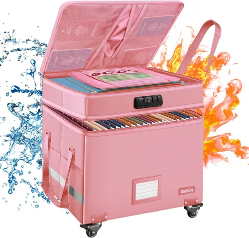 Vista 11 de DocSafe Caja de documentos ignífuga con cerradura, caja de archivos de 2 capas con ruedas, organizador de almacenamiento de archivos plegable