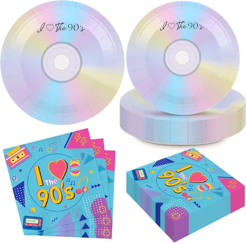 50 platos y servilletas de papel de fiesta de los 90 para platos de postre retro de los 90, decoración temática de 1990, juego de vajilla para