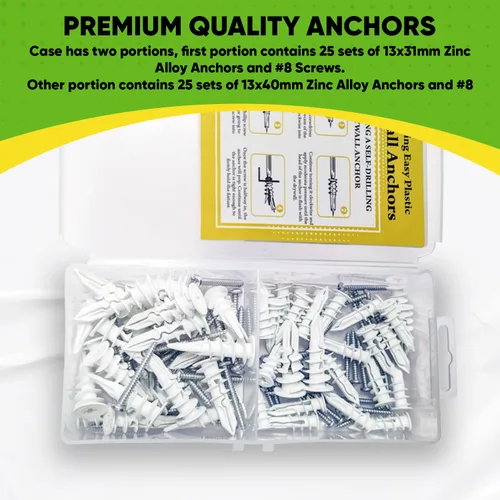 Vista 4 de Anclaje de plástico autoperforante para paneles de yeso con kit de tornillos, el paquete incluye 25 anclajes grandes y 25 pequeños con tornillos