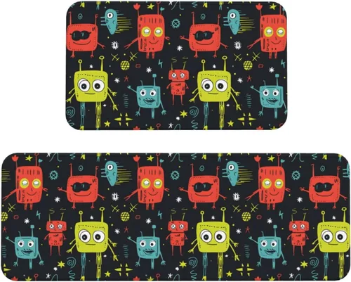 Cartoon Colored Robot Print Kitchen Mats for Floor 2 Piece - Anti Fatigue Mats for Kitchen Floor, Non Slip Washable Rugs Home Decor