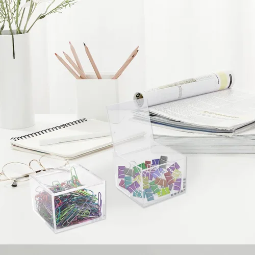 Vista 4 de Paquete de 2 organizadores pequeños de acrílico transparente con tapa para clips de papel, notas adhesivas, Qtip, bolas de algodón, soporte