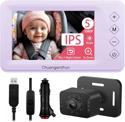 Vista 12 de Cámara de coche de bebé de 5 pulgadas con visión nocturna NO.1, alimentada por USB, modo espejo/normal, monitor de bebé de coche transparente IPS