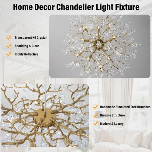 Vista 8 de YUYI 23.6" Candelabro moderno de oro con ramas de árbol de cristal, iluminación redonda de gota de lluvia de 8 luces para comedor, sala de estar